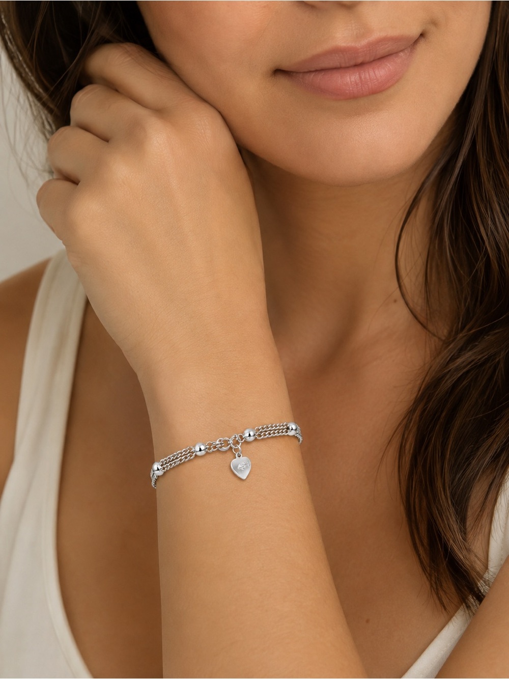 Sterling Silver 925 Multi-Strand Bead Bracelet with Heart Charm